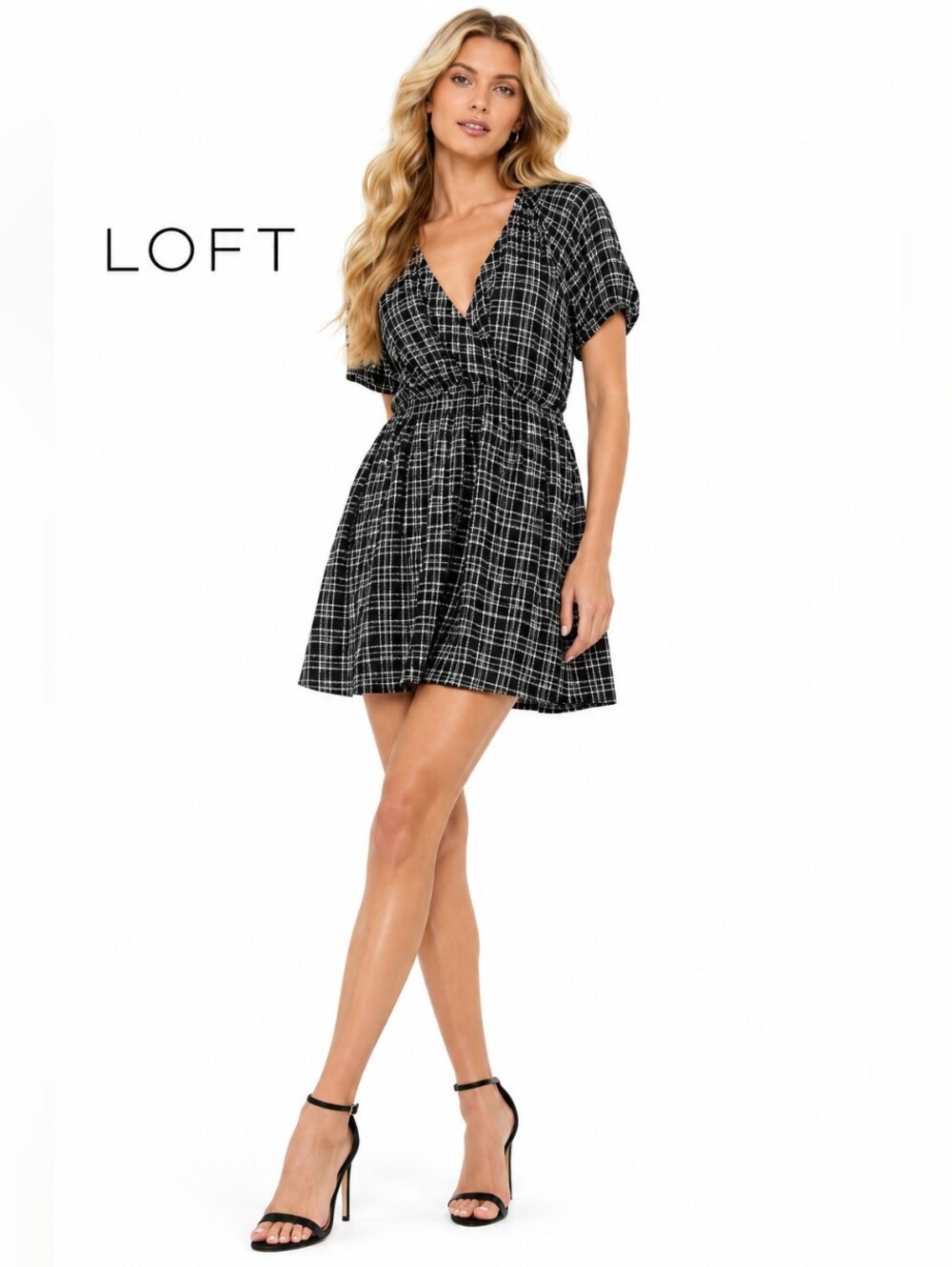 LOFT Black White Plaid V Neck Dress Size Small